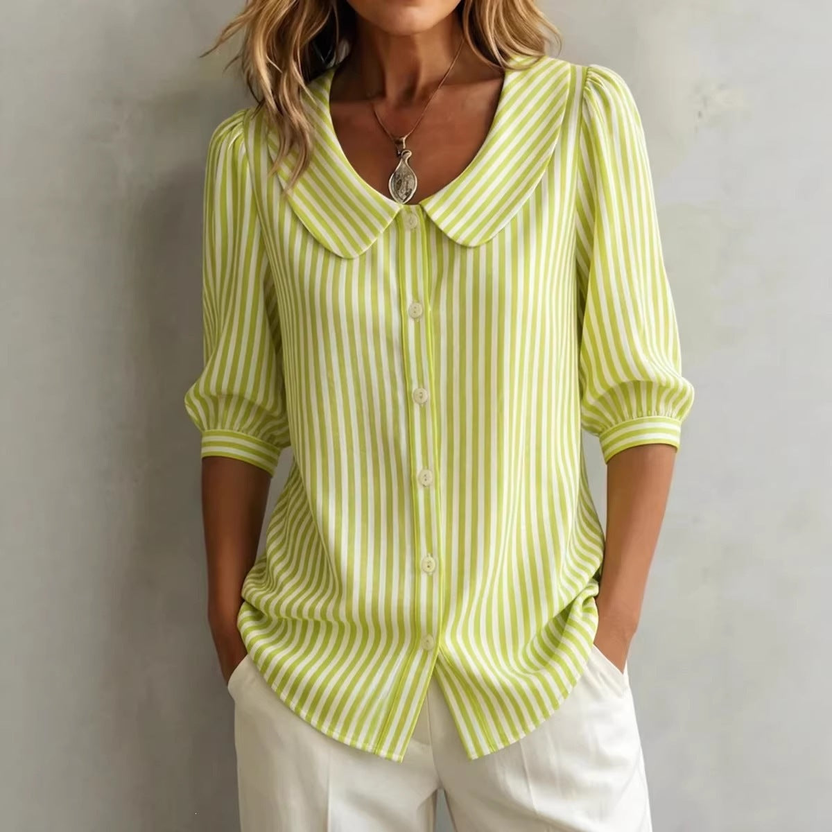 Striped V-Neck Top – Three-Quarter Sleeve Casual Shirt
