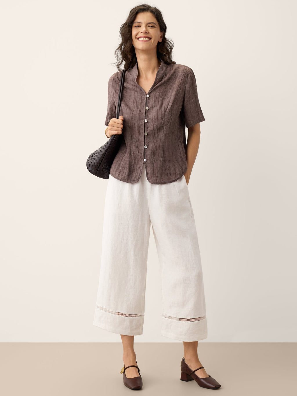 100% Linen Lace Trim Cropped Pants GILLIAN